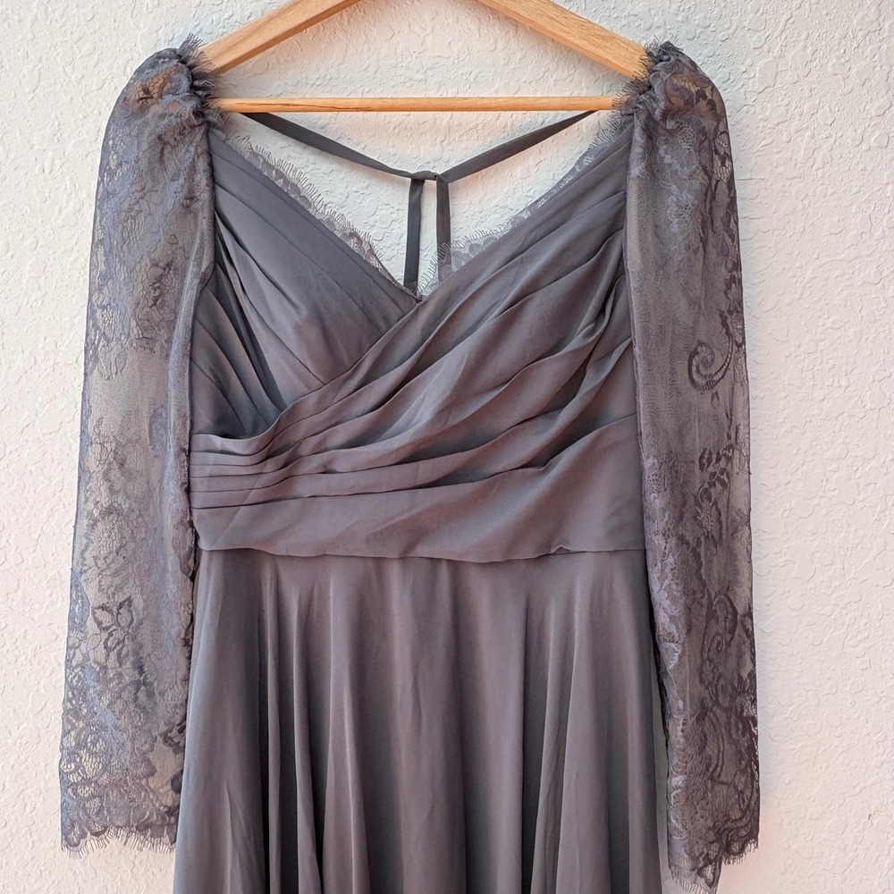 JJ's House Lace Sleeve Ruched Evening Gown Women Grey